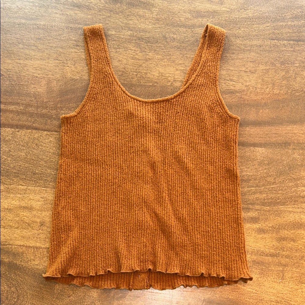 Madewell, Rust/Burnt-Orange Ribbed Button-Front Tank w/ Ruffle Hem - Picture 4 of 5